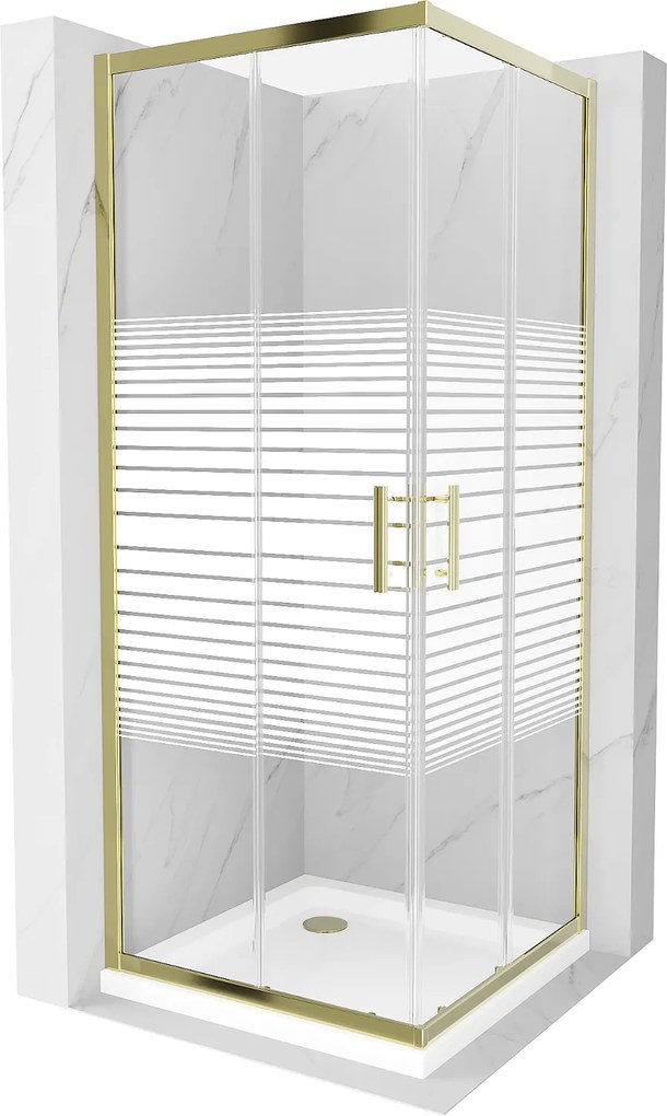 Mexen Rio, štvorcový sprchovací kút s posuvnými dverami 90 (dvere) x 90 (dvere) x 190 cm, 5mm číre sklo s pásikmi, zlatý profil + biela sprchová vanička SLIM, 860-090-090-50-20-4010G