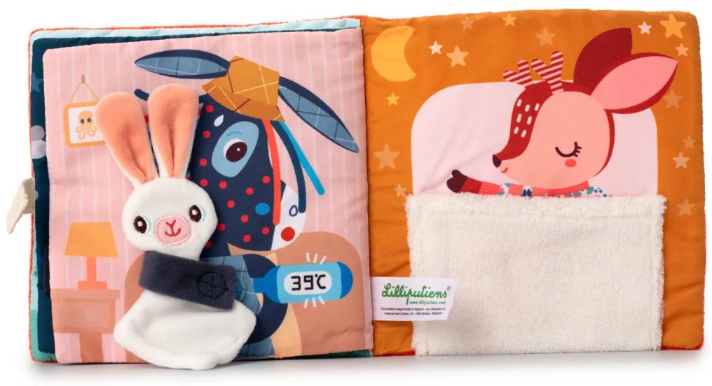 Lilliputiens - textilná knižka s aktivitami - jelenček Stella a jeho maznáčik