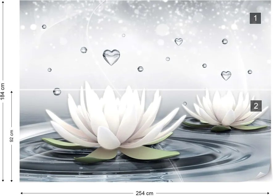 Fototapeta GLIX - White Lotus Flowers Water Drops Hearts Calm Spa + lepidlo ZADARMO Vliesová tapeta  - 254x184 cm