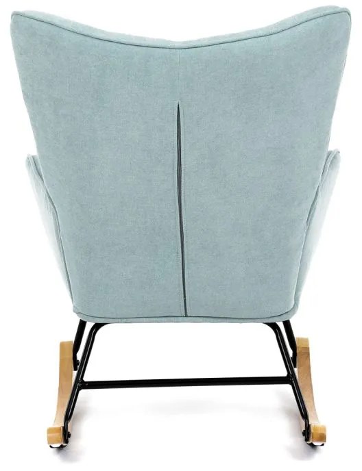 Luxusné hojdacie kreslo – moderný dizajn, svetlo modrá látka, masívne drevo, nosnosť 120 kg