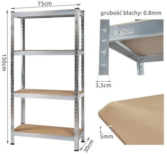 Malatec Kovový regál 150x75x30 cm, pozink, 2720