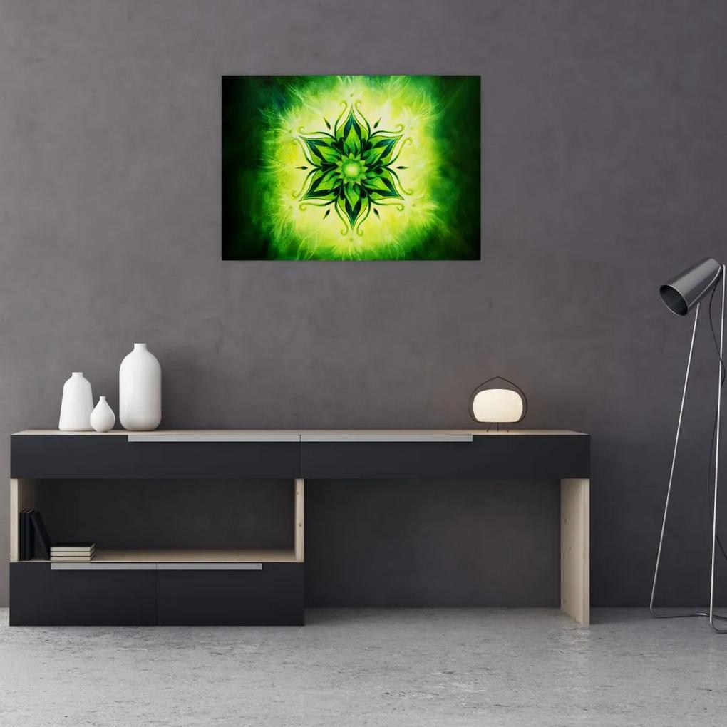 Sklenený obraz - Kvetinová mandala v zelenom pozadí (70x50 cm)