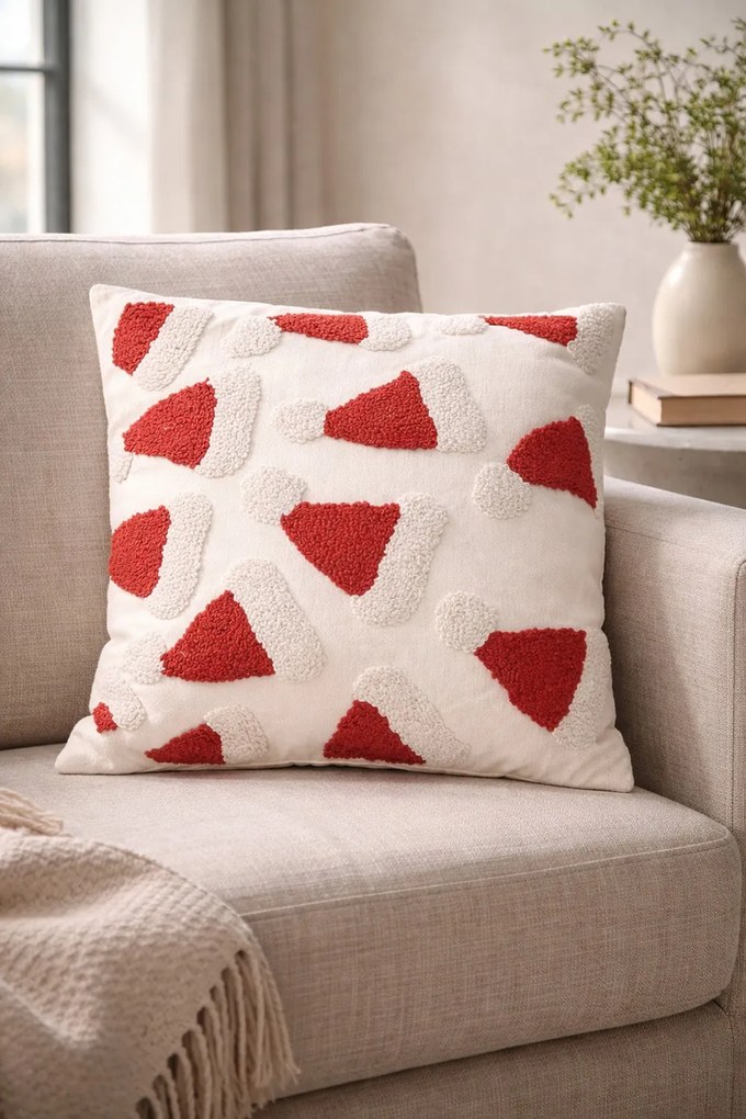 Krémový dekoračný vianočný vankúš santovej čiapky – 45*45*4 cm