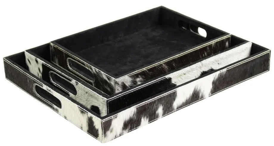 Sada 3ks servírovacie podnosy s hovädzou kožou čierna / biela - 46 * 36,5 * 5cm / 40,5 * 30,5 * 5cm / 33,5 * 24,5 * 5cm