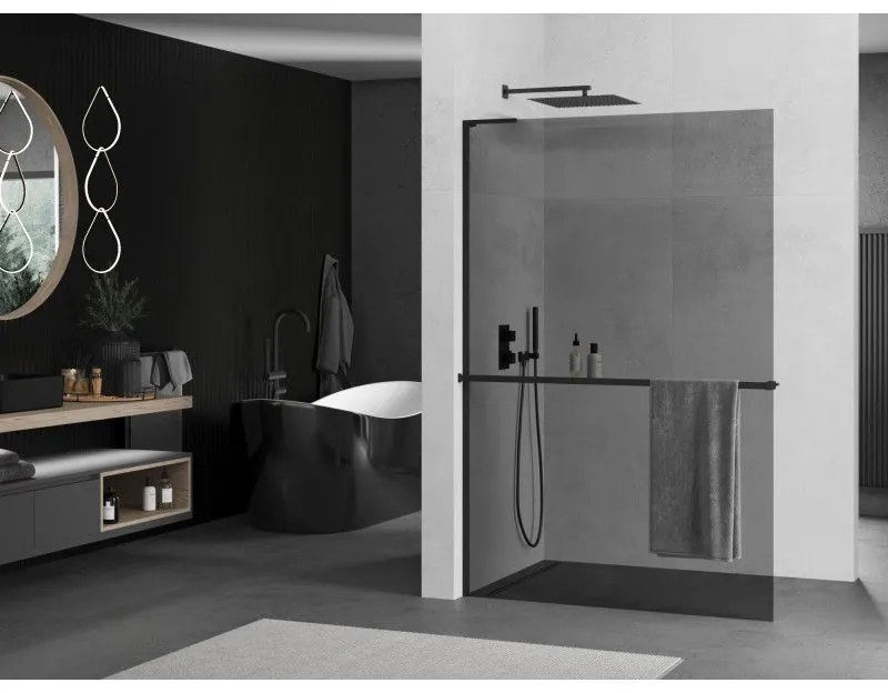 Mexen Kioto+ L, sprchová zástena Walk-In s poličkou a vešiakom 120 x 200 cm, 8mm šedé sklo, čierny profil, 800-120-123-70-40