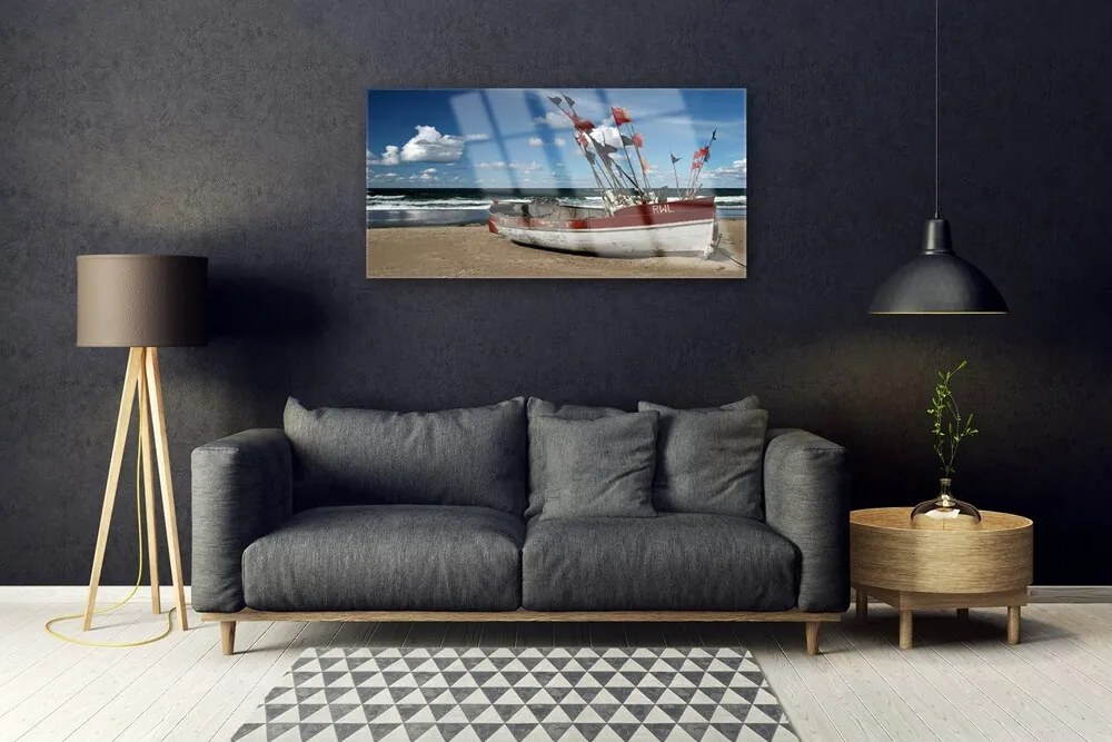 Obraz na skle More pláž loďka krajina 120x60 cm