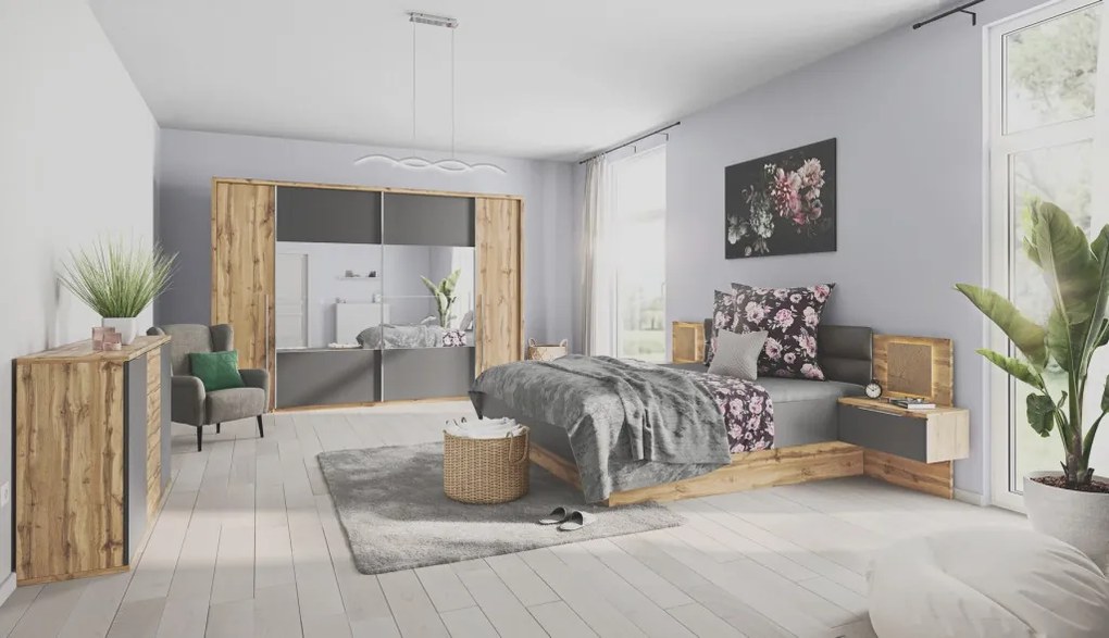 Šatníková skriňa Capri, dub wotan/šedá