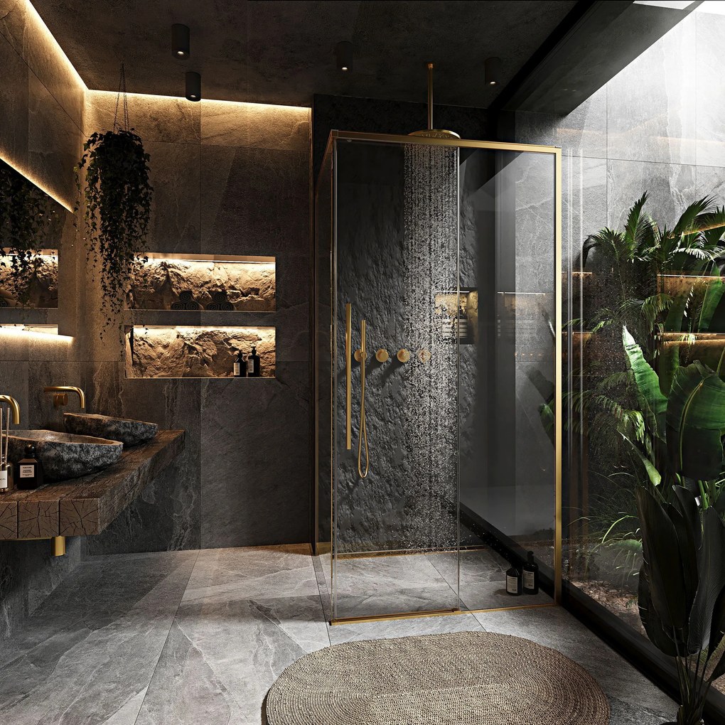 Rea Solar, sprchovací kút s posuvnými dverami 90(dvere) x 90(stena) x 195 cm, 6mm číre sklo, zlatý matný profil, REA-K9500