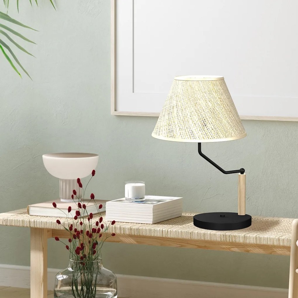 Stolná lampa Etna, 1x slonovinové ľanové tienidlo, b/drevo
