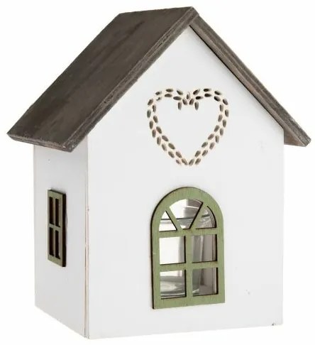 Drevený svietnik so skleneným domčekom so srdcom,15 cm, zelený