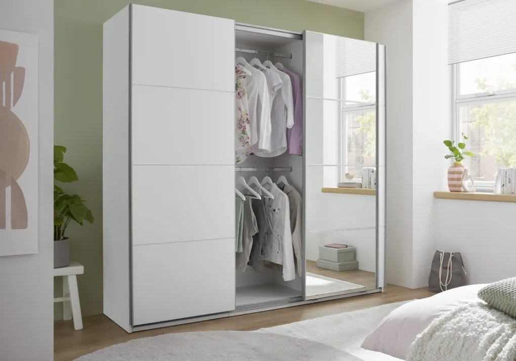 Šatníková skriňa so zrkadlom Carano, 215 cm, biela