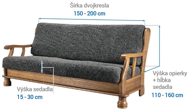 Bielastické poťahy VITTORIA šedá trojkreslo s drevenými rúčkami (š. 150 - 200 cm)