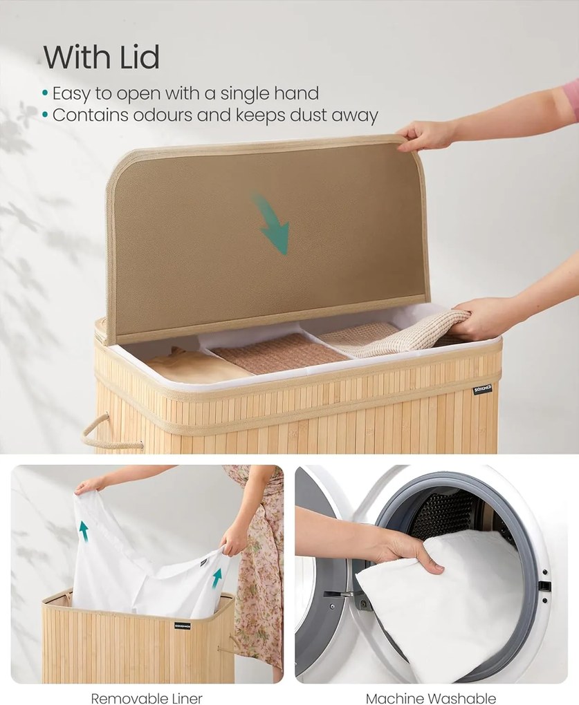 Kôš na bielizeň s vekom, bambusový kôš 150 l, prírodná béžová