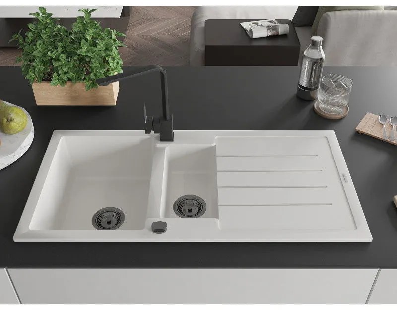 Mexen Andres, granitový drez 1000x500x200 mm, 1,5-komorový, biela s čiernym sifónom a čierna drezová batéria Rita, 6515-20-670300-70