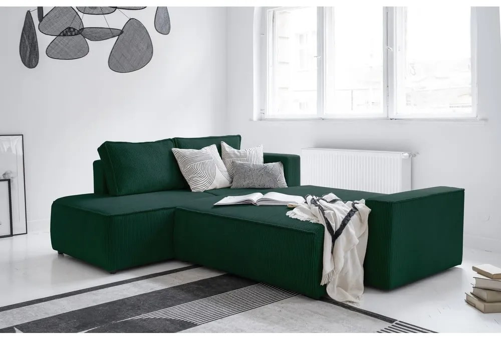 Tmavozelená menčestrová rozkladacia rohová pohovka (ľavý roh) Brave Dave – Miuform