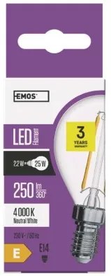 EMOS LED filamentová žiarovka Mini Globe, E14, 2W, 250lm, 4100K, neutrálna biela