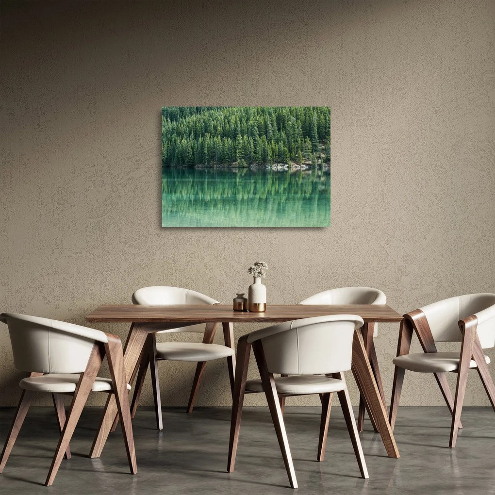 Sklenený obraz - Ihličnany pri jazere (70x50 cm)