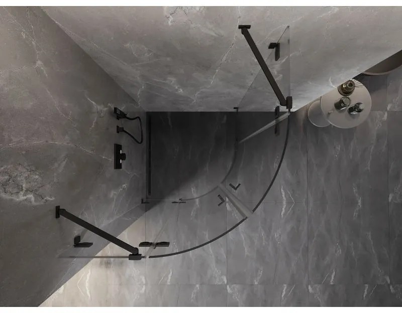 Mexen Lunar, polkruhový výklopný sprchový kút 100 x 100 cm, 8mm číre sklo, čierny profil, 833-100L-100P-70-00