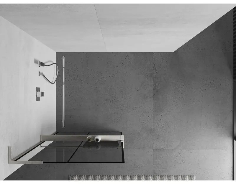Mexen Kioto+ L, sprchová zástena Walk-In s poličkou a vešiakom 80 x 200 cm, 8mm číre sklo čierny vzor, brúsená oceľ profil, 800-080-123-97-77