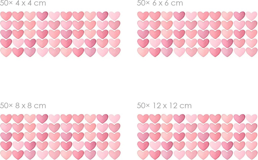 Akvarelové srdcia ružové 50 ks textilné samolepiace nálepky na stenu 50 ks 4x4 cm