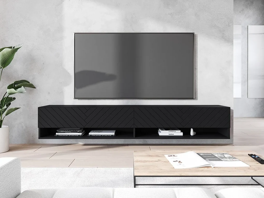 TV stolík/skrinka Adenik 180 MDF, Farby: čierny grafit / čierna fala, Osvetlenie: osvetlenie LED RGB - farebné