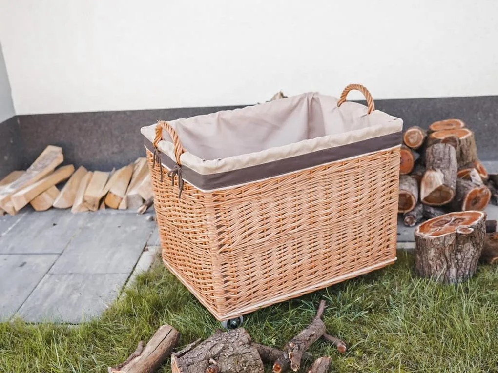 ČistéDrevo Prírodný prútený kôš na drevo hranatý - na kolieskach