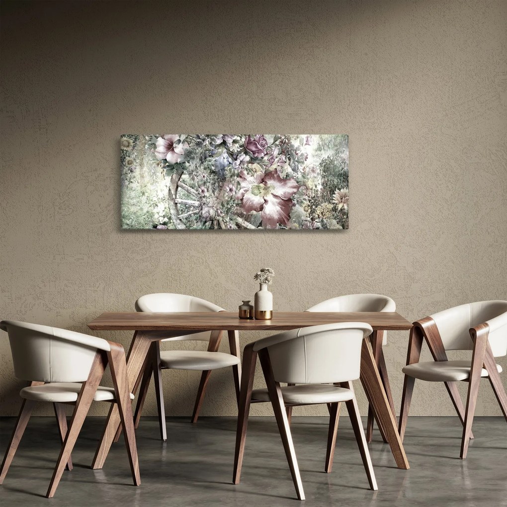 Obraz kvetov na drevenom bicykli (120x50 cm)