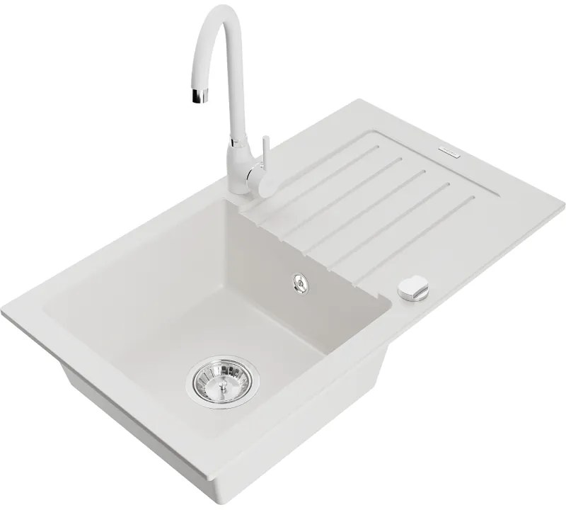 Mexen Pablo, 1-komorový granitový drez s odkvapkávačom 75x44 cm a kuchynskou batériou Telma, biela, 6510-20-670200-20