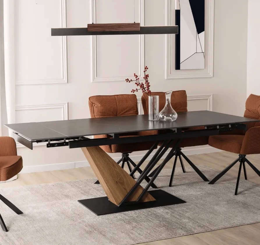 Rozkladací keramický stôl REX 160-220 cm, čierny mramor/orech