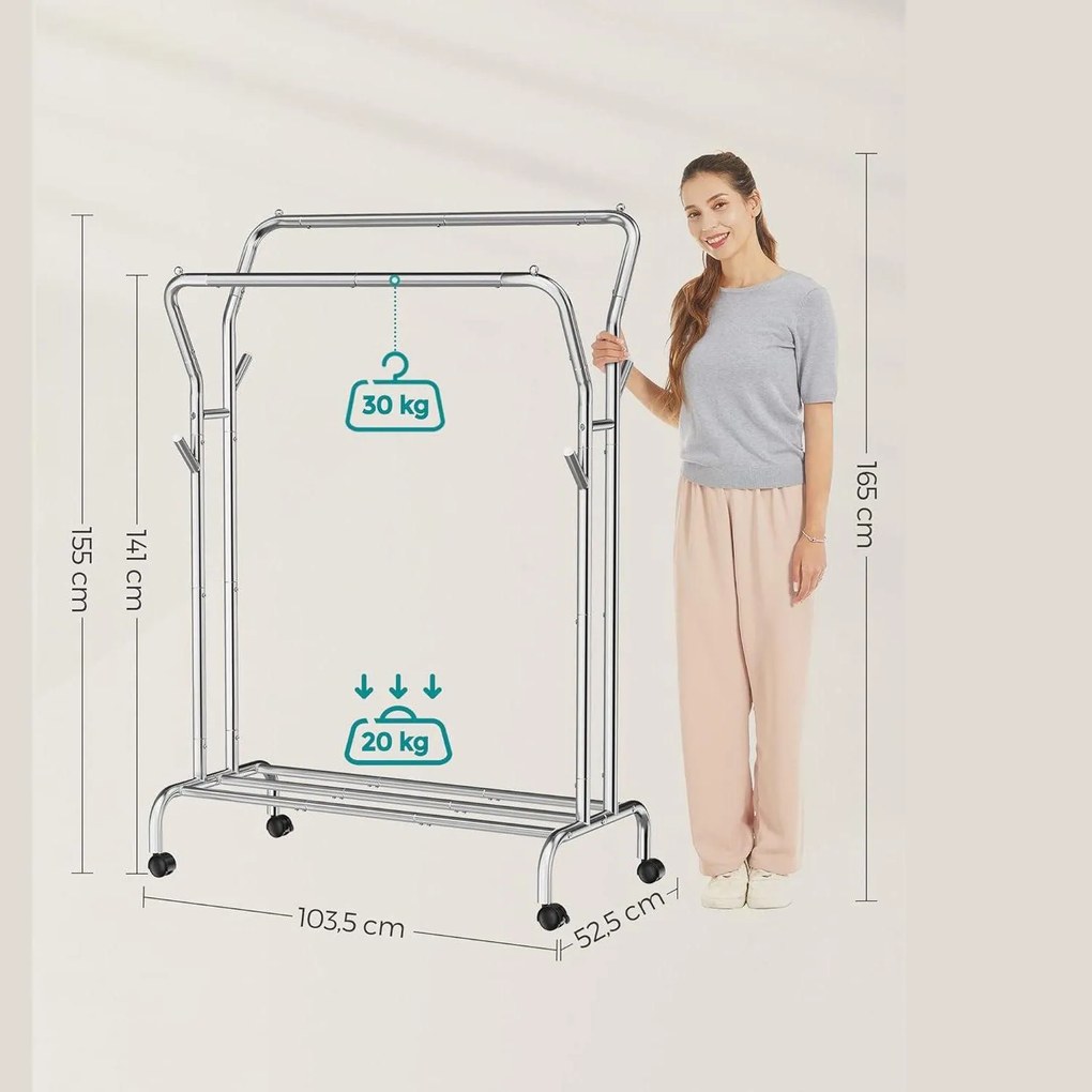 Stojan na šaty, s dvojitou tyčou a policou, kovový, strieborná farba