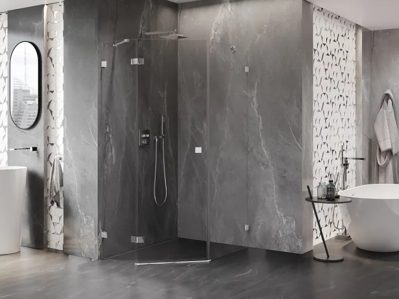 Mexen Lunar, päťuholníkový sprchový kút naklápací doľava 80 x 90 cm, 8mm číre sklo, chrómový profil, 831-080L-090P-01-00-L
