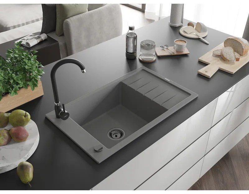 Mexen Elias, 1-komorový granitový drez s odkvapkávačom 795x480x200 mm a čierna matná kuchynská batéria Telma, šedá, 6511-71-670200-70-B