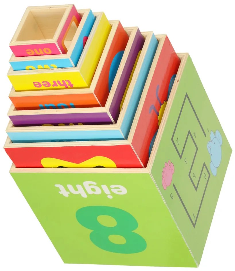 KIK Drevená vzdelávacia pyramída XXL 71 cm – kocky so zvieratkami, čísla a tvary