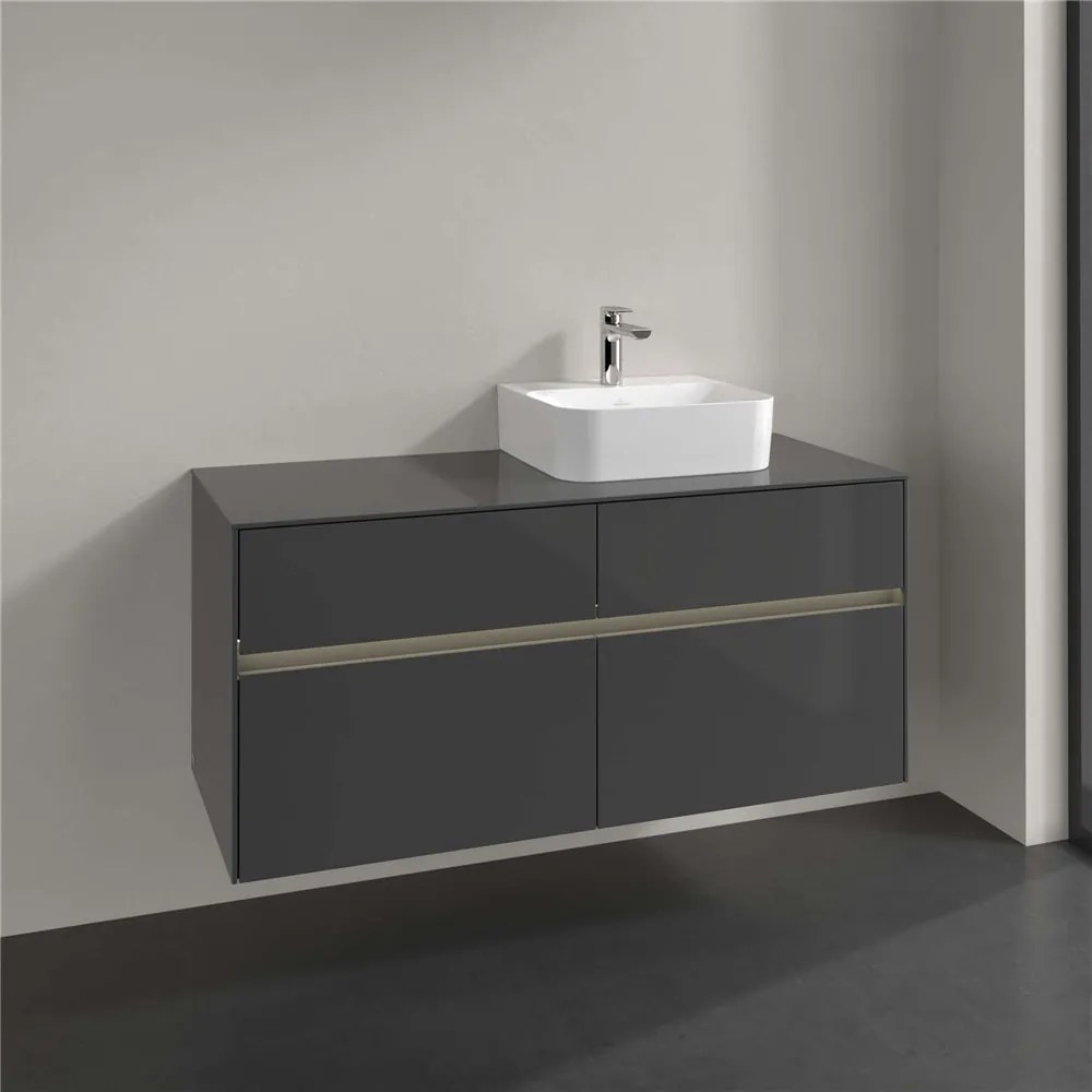 VILLEROY &amp; BOCH Collaro závesná skrinka pod umývadlo na dosku (umývadlo vpravo), 4 zásuvky, s LED osvetlením, 1200 x 500 x 548 mm, Glossy Grey, C099B0FP