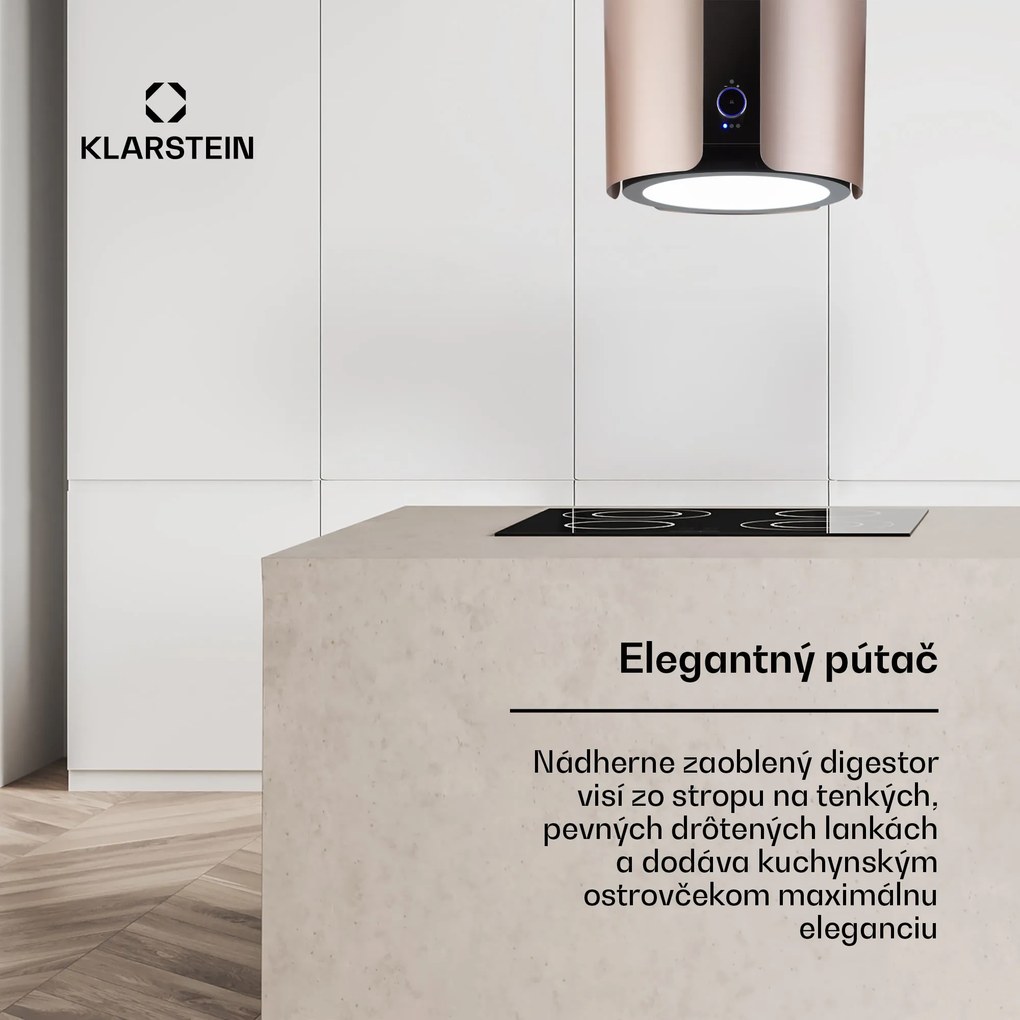 Klarstein Skyfall, digestor, 45 cm, ostrovčekový, 402 m³/h, LED, nehrdzavejúca oceľ, zlatý