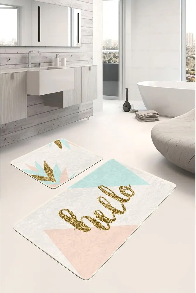 Zamatové kúpeľňové predložky v krémovej a zlatej farbe v súprave 2 ks 60x100 cm Hello – Mila Home