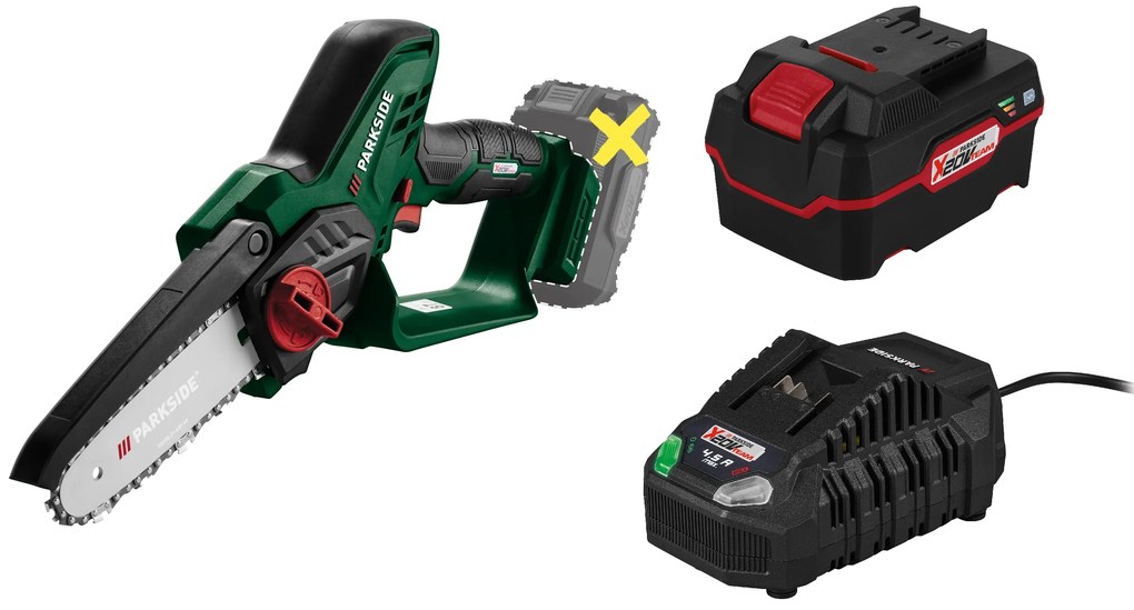 Parkside®  Aku reťazová píla 20 V Paghs C3 + Rýchlonabíjačka akumulátora 20 V/4,5 A PLG 20 C3 + Akumulátor 20 V/4 Ah PAP 20 B3  (800011838)