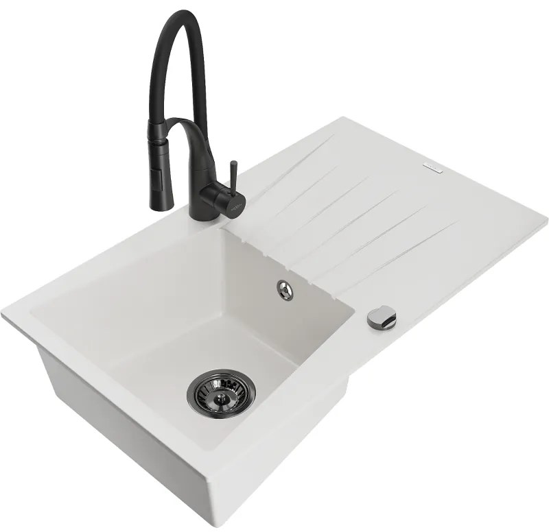 Mexen Cesar, 1-komorový granitový drez 775x470x190 mm a drezová batéria Aster, biela, 6514-20-73450-70-B