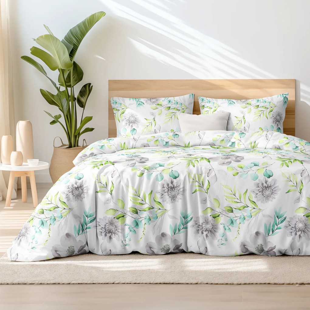 Goldea bavlnené posteľné obliečky deluxe - eukalyptus s kvety 140 x 200 a 70 x 90 cm