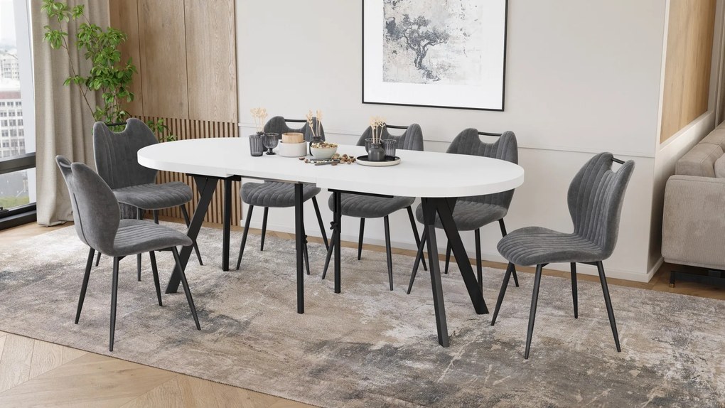 Mazzoni EXPANSO Biely mat / čierne nohy - OVÁLNY ROZKLADACÍ STÔL 160-360 cm PRE 16-18 OSÔB