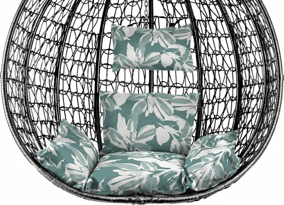 Čierne závesné kreslo KOKON so stojanom, zeleno-biely vankúš