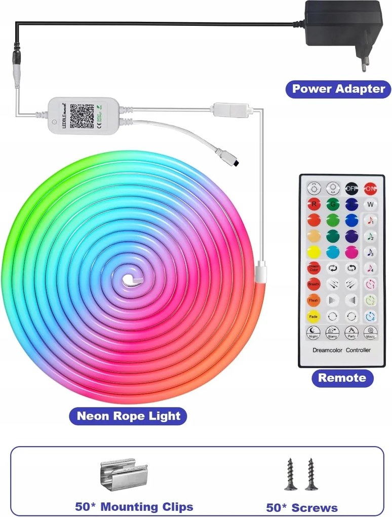 Brimax Rgbic Páska 10m Neon Led Flex Dúha Aplikácia Diaľkový Ovládač Vodotesnosť 24V