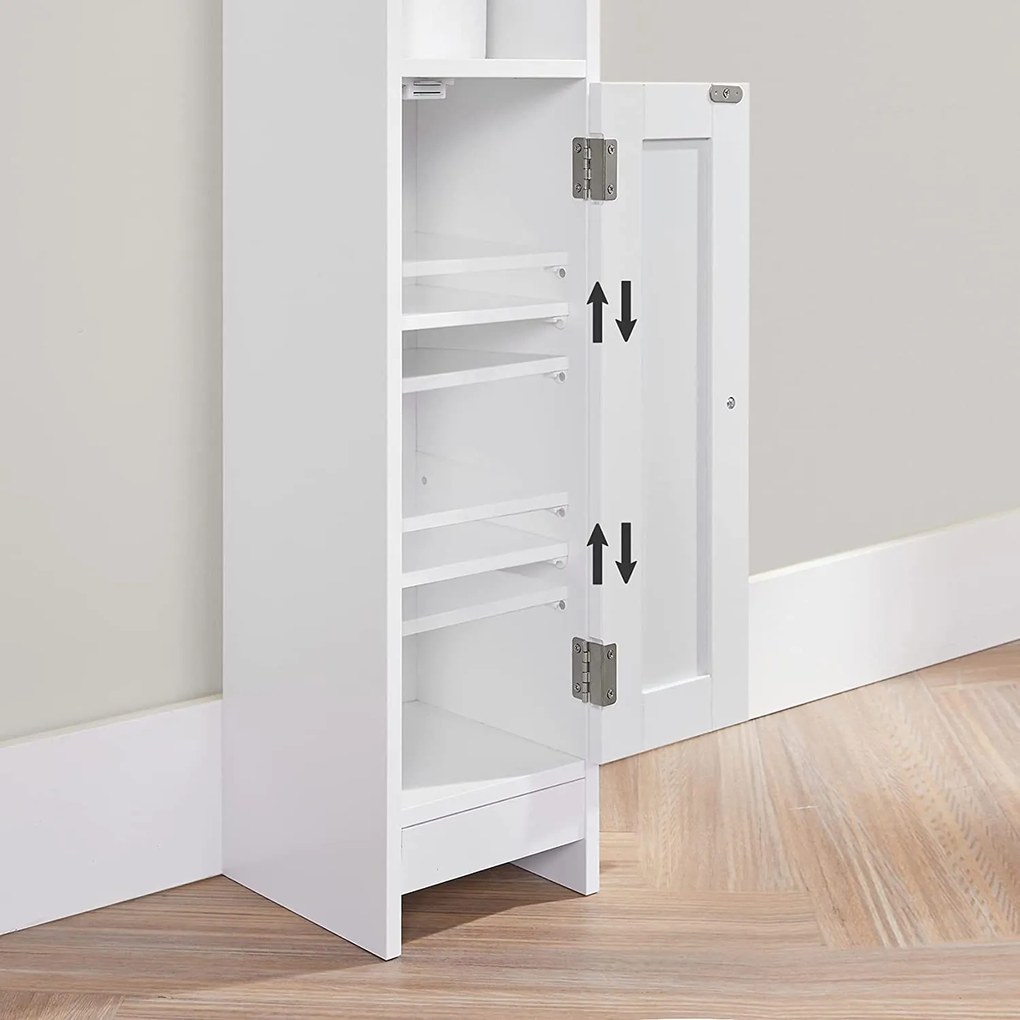 Úzka skrinka s nastaviteľnými policami, kúpeľňová skrinka, biela