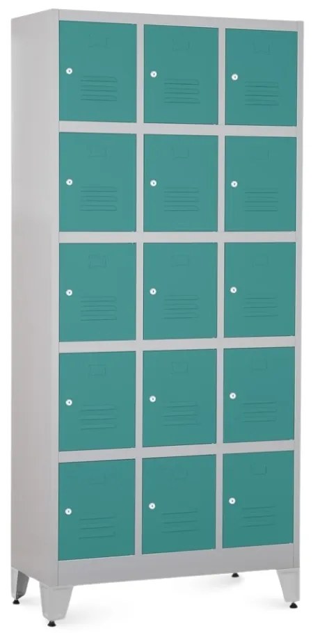 Kovová šatníková skrinka - 15 boxov, 90 x 40 x 196,5 cm, nastaviteľné nôžky, cylindrický zámok, zelená - ral 6033