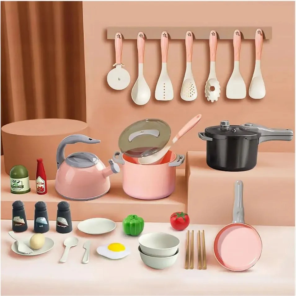 LEAN Toys Kuchynská súprava Hrnce Príslušenstvo na varenie Jedlo Ružová 32 el.