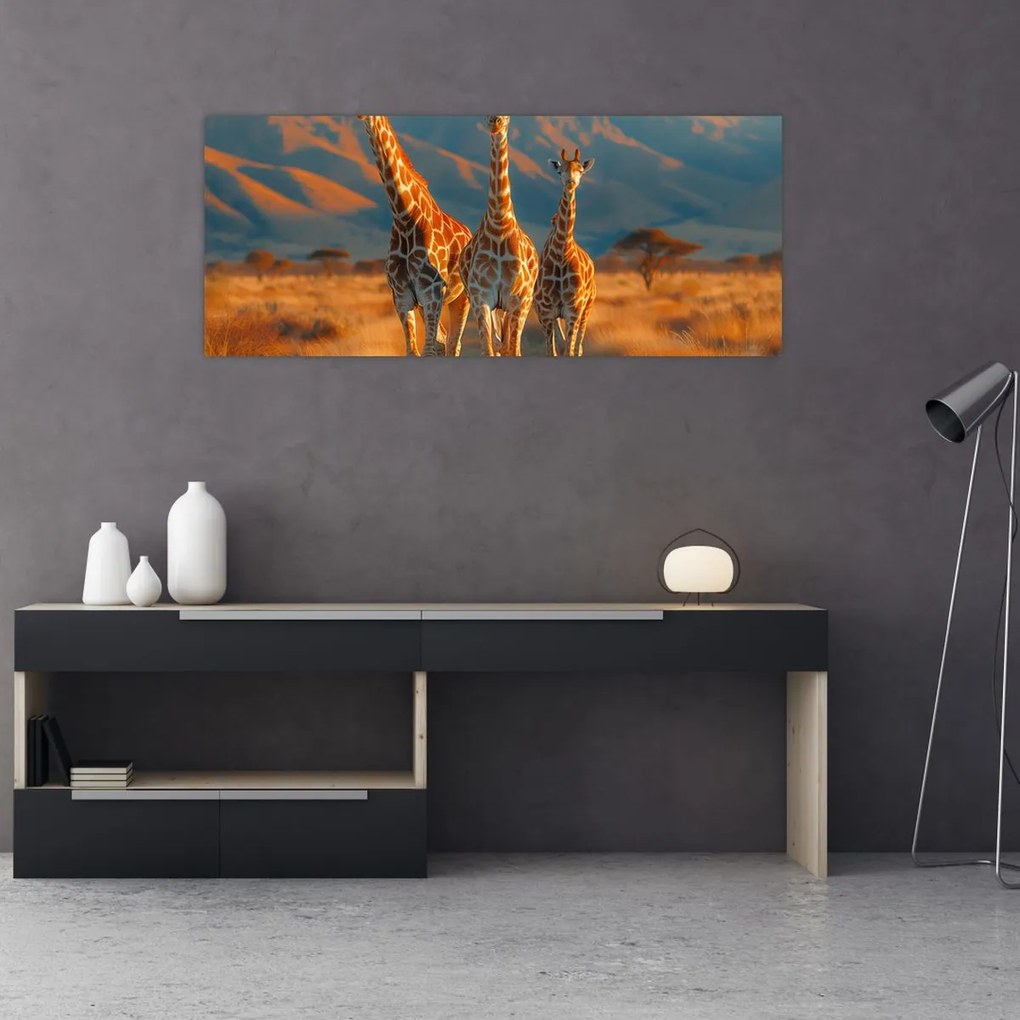 Obraz - Žirafy na pastvine (120x50 cm)