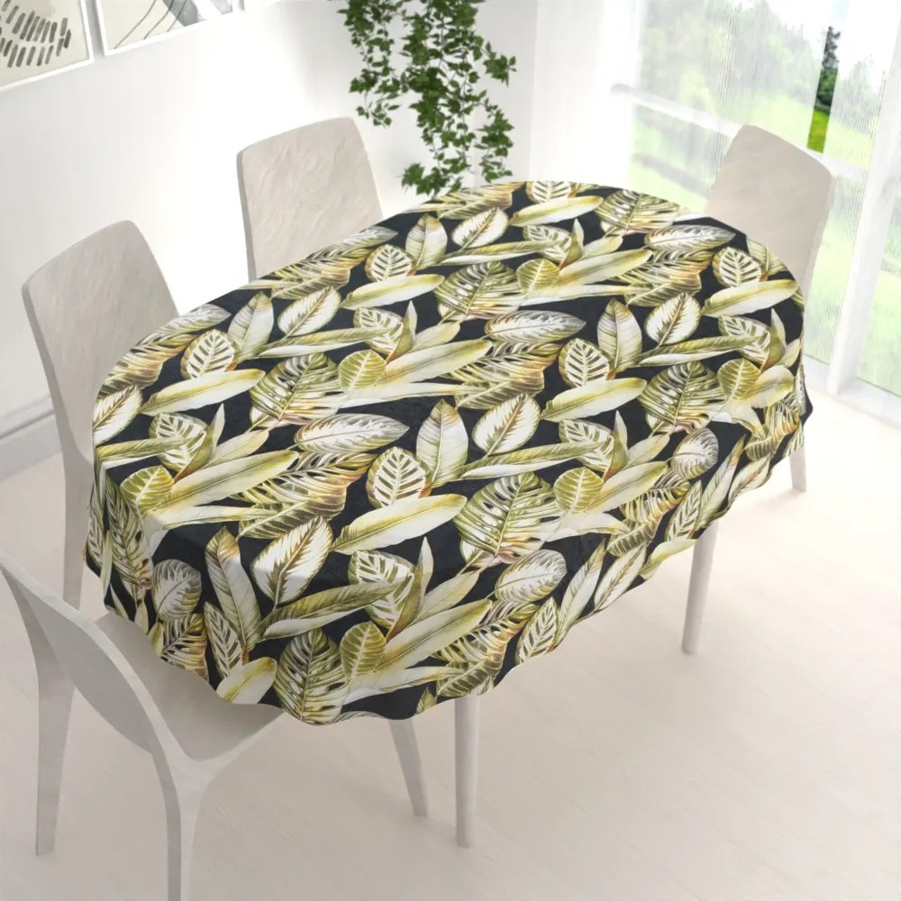 Biante Zamatový oválny obrus Tamara TMR-010 Zlaté tropické listy na zelenom 120x200 cm