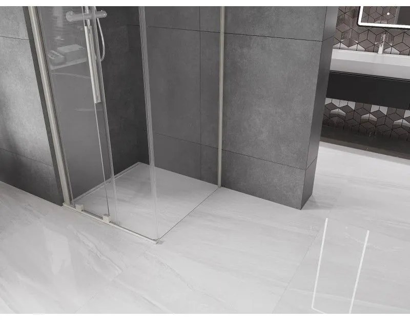 Mexen Velar, sprchový kút s posuvnými dverami 90 x 90 cm, 8mm číre sklo, brúsená oceľ, 871-090-090-01-97