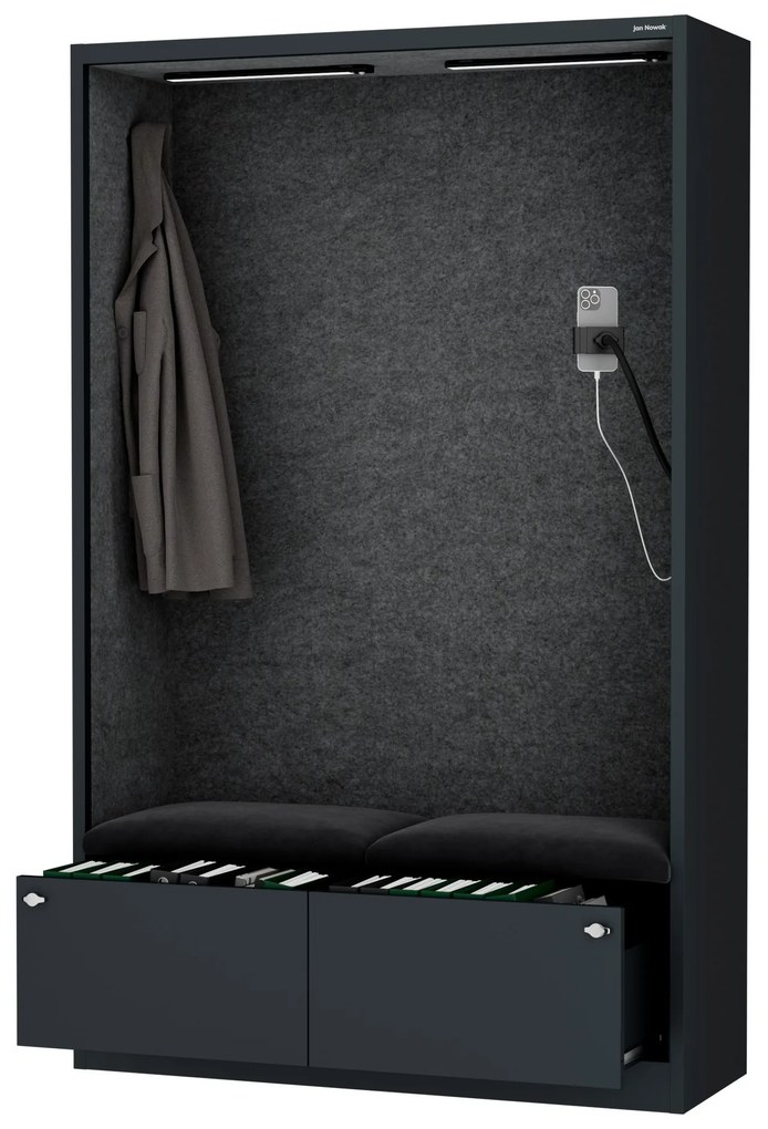 Kancelárska akustická kabína so sedadlom a portom USB-C, telo v antracitovej farbe / sedadlo v tmavosivá farbe, 1150 mm: SALLY MentalBox
