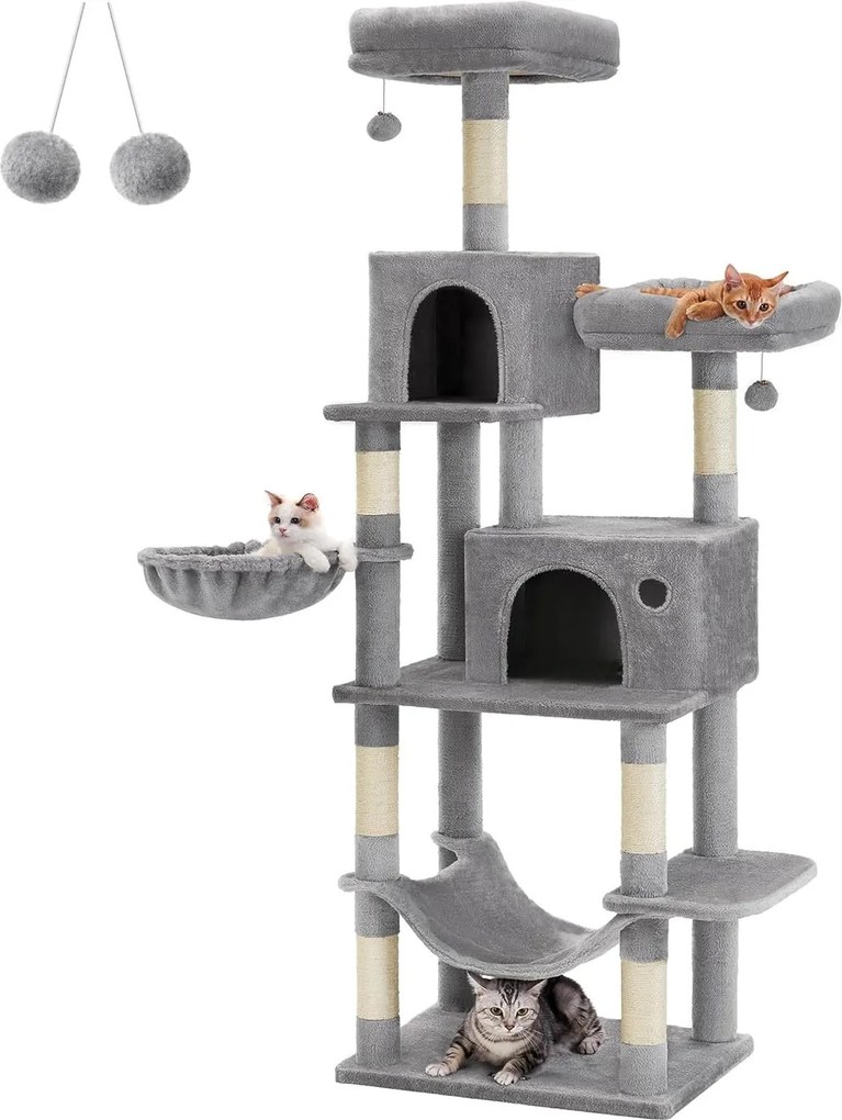 Mačací strom, úzka veža pre mačky, výška 199 cm, sivá farba